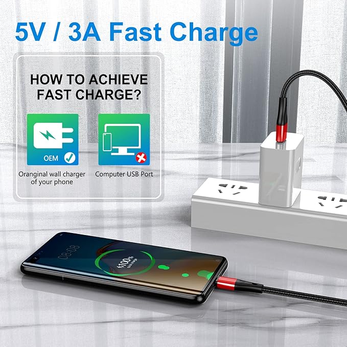 USB Type C Cable Fast Charging,3pack 10ft Premium Nylon Braided 3A Rapid Charger Quick Cord,Type C to A Cable Compatible for Samsung Galaxy S21 S20 S10 S9 S8 Plus,Note 20 10 9 8, LG V50 V40 G8（Red）