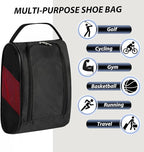 Portable Oxford Golf Shoes Bag, Sports Shoe Bag with Ventilation, Waterproof Travel Shoes Bag, Shoes Storage Organizer with Zipper Closuren for Outdoor, Sports, Golf, Travel, Gem (Black+Red)