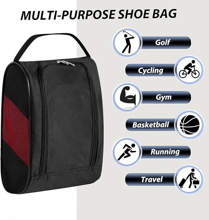 Portable Oxford Golf Shoes Bag, Sports Shoe Bag with Ventilation, Waterproof Travel Shoes Bag, Shoes Storage Organizer with Zipper Closuren for Outdoor, Sports, Golf, Travel, Gem (Black+Red)