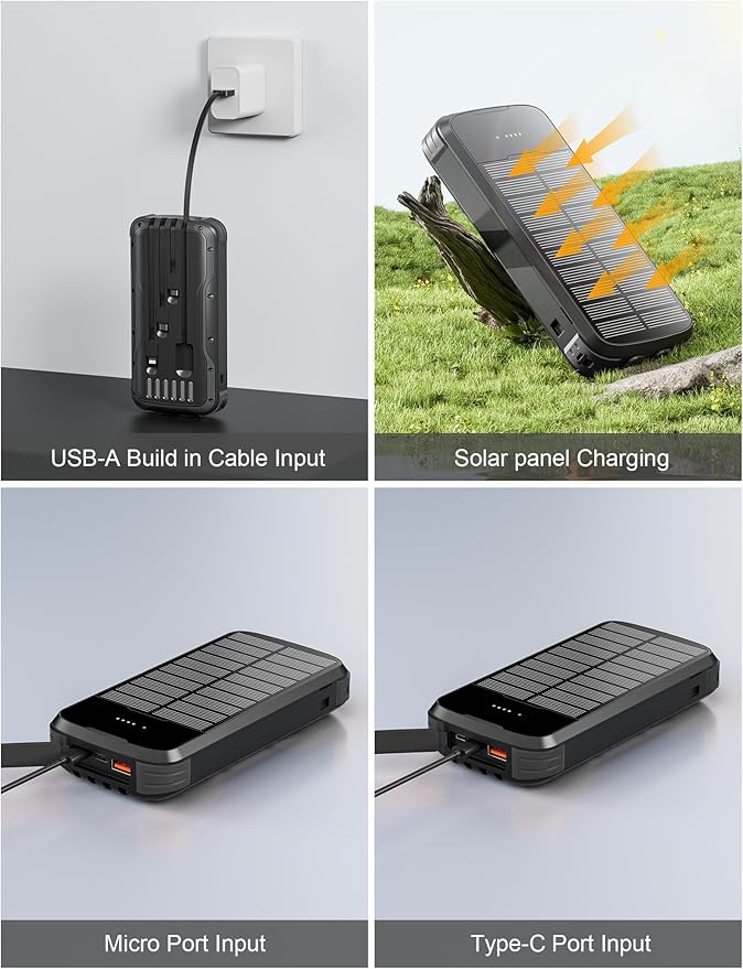 MINRISE Solar Charger Power Bank, 40000mAh Portable Charger PD 20W Fast Charging Solar Power Bank Built in 4 Cables and USB-C in/Output, Camping Essentials External Battery Pack with Flashlights