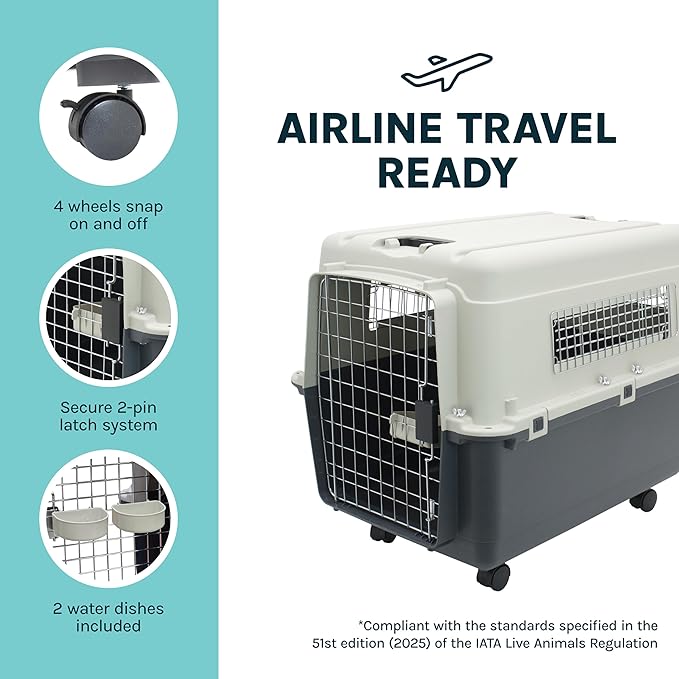SportPet Airline Compliant LARGE 31.5" Travel Dog Kennel-Durable Plastic Airline Pet Carrier w/ Removable Wheels & Food Bowls, Collapsible Indoor/Outdoor Dog Kennel, Dogs up to 28"L & 20"H-Cream/Gray
