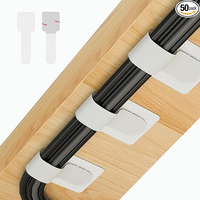 Abnii 50 PCS Hook and Loop Cable Ties, Under Desk Cable Management, Self Adhesive Cable Clips Straps, Sticky-Back Cord Organizer, Wire Organizer for TV PC Laptop Ethernet Desktop, White