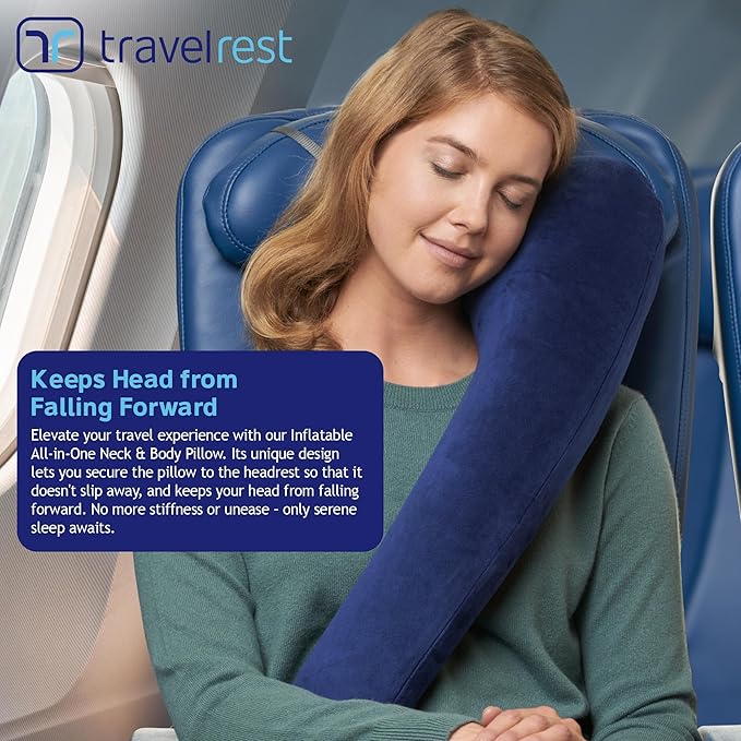 TRAVELREST All-in-One Travel Neck Support & Body Pillow - Airplane Pillow for Long Flight Comfort, Travel Essentials, Sleeping Accessories, Memory Foam, Headrest Support Seat for Car (Blue)