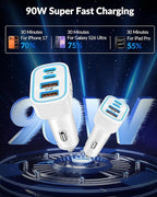 iPhone 17e 17 16 15 Pro Max Car Charger Fast Charging, 90W 4-Port USB C Car Charger 12-24V Cigarette Lighter Adapter with 3FT USB C Cable for iPhone 17/17 Pro Max/17e/16/16 Pro Max/15 Pro/Plus, iPad