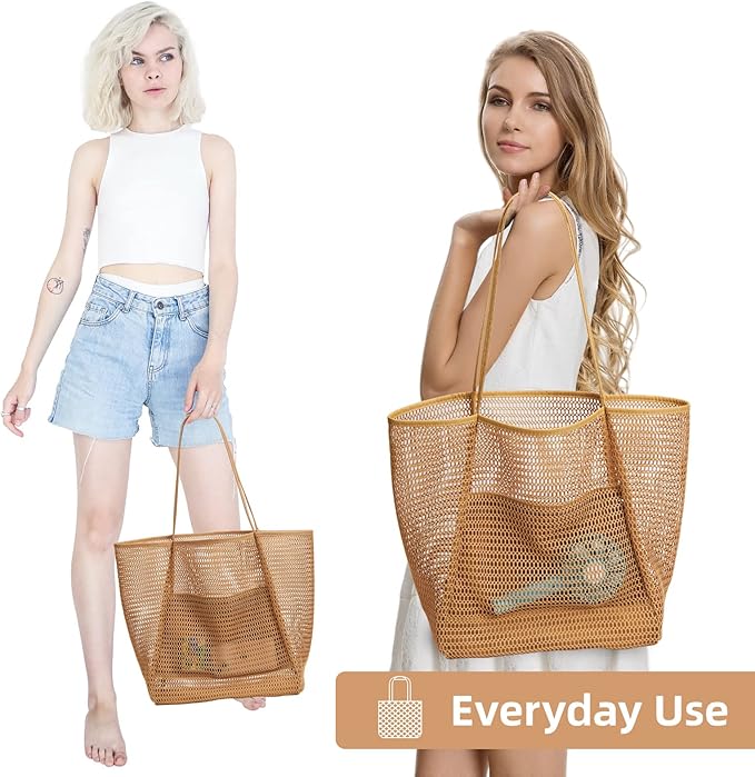 KALIDI Beach Nylon Mesh Tote Bag, Casual Tote Bag Hobo Women Foldable MAX 23L Shoulder Bag For Beach Picnic Vacation