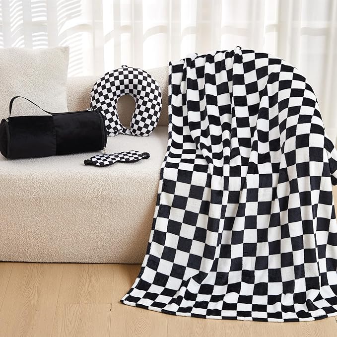 HunnmingRe 5 Pcs Travel Pillow and Blanket Set, 5 in 1 Travel Airplane Compact Includes 40 x 60 Inch Throw Blanket Eye Mask Neck Pillow Earplug and Bag Gifts for Travelers Women(Checkered,Black)