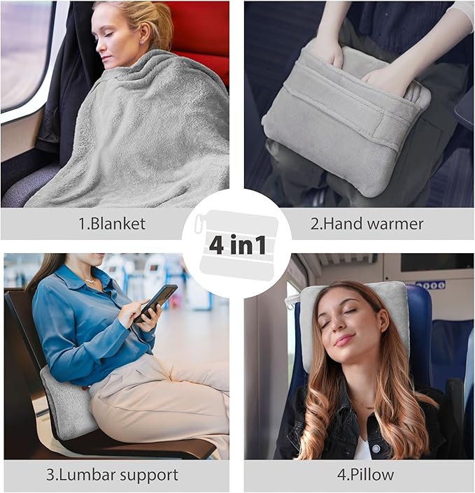 DEZ FURNISHINGS 4-in-1 Travel Compact Blanket Pillow Super Soft Velvet with Luggage Sleeve and Backpack Clip, Gray, 60" W x 45" H