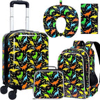 5Pcs Kids Suitcase Set for Boys, 16.5" Hardside Luggage with Spinner Wheels, Dinosaur Travel Carry on Luggage Airline Approved (Black)