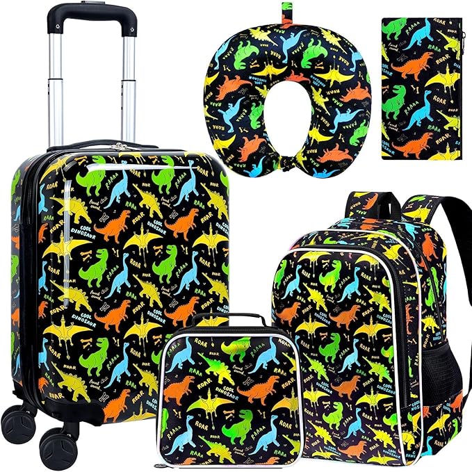 5Pcs Kids Suitcase Set for Boys, 16.5" Hardside Luggage with Spinner Wheels, Dinosaur Travel Carry on Luggage Airline Approved (Black)