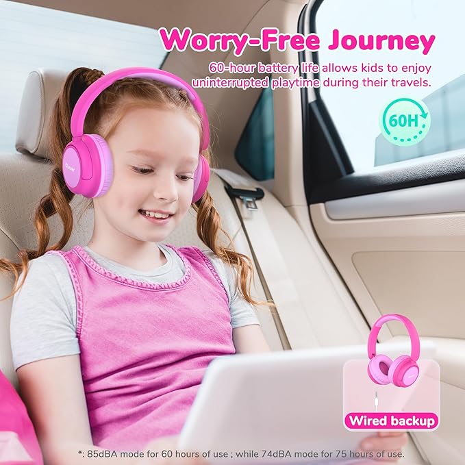 iClever BTH22 Kids Bluetooth Headphones, 60H Play Time, 74/85 dBA Safe Volume, Bluetooth 5.4, USB C, Over Ear Kids Headphones Wireless with Mic AUX Cord for iPad/Tablet/Travel, Blossom Pink