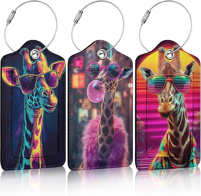 3 Pack Funny Giraffe Sunglasses Luggage Tags for Suitcase Animal PU Leather Travel Luggage Tag Privacy Cover ID Label for Women Men Baggage Backpack Handbag School Bag