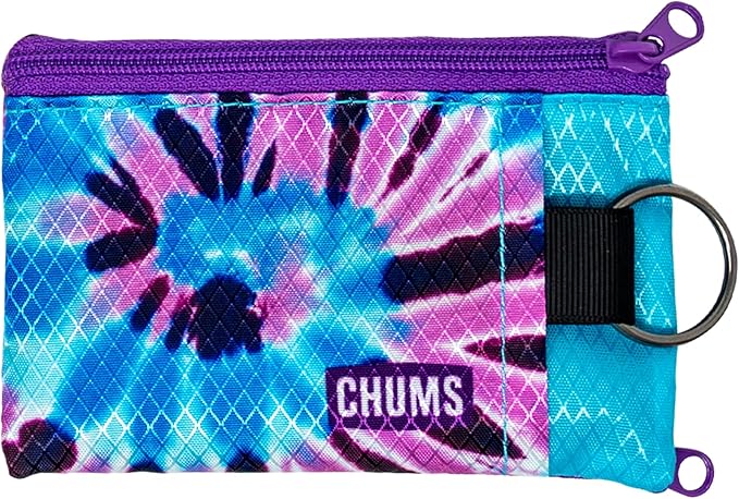 Chums Surfshorts Wallet - Lightweight Slim Wallet with RFID Blocking Card & Clear ID Window - Zippered, Water Resistant w/Key Ring (Purple Tie Dye)