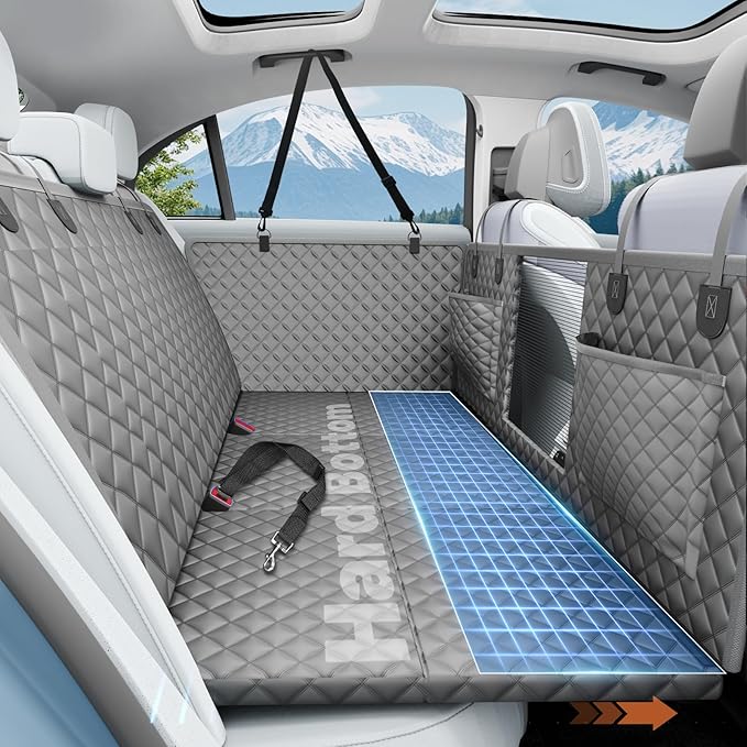 Dog Car Seat Cover for Back Seat with Hard Bottom,Waterproof Back Seat Extender for Dogs,Dog Hammock Dogs Bed for Cars, SUVs,Pet Seat Cover for Back Seat Holds 400lbs with Mesh Window & Pocket-Grey