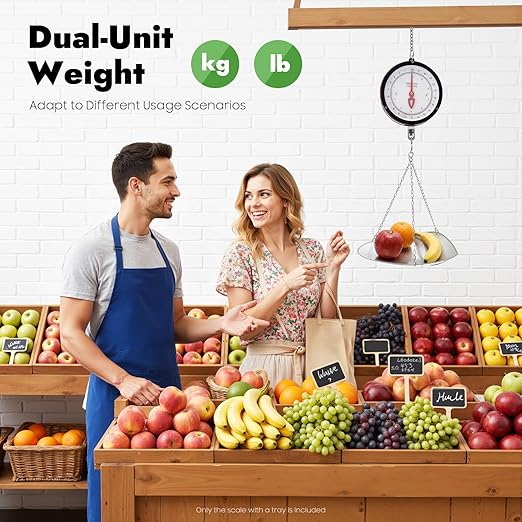 22LBS Double Sided Dial Hanging Scale, Mechanical Hanging Scale with Scoop/Chain, Portable Handheld Scale Commercial Household Weighing Scales for Supermarkets Farm Kitchen (Red/Black)