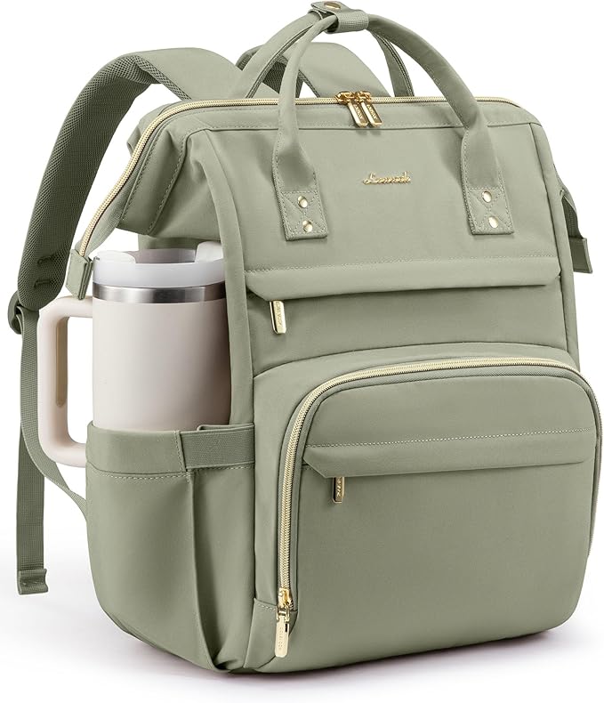 LOVEVOOK Laptop Backpack for Women with Giant Tumbler Holder Pocket,15.6inch Waterproof Travel Backpack Purse Computer Laptop Bag,Professional Work College Nurse Teacher Backpack Travel Bag,Bean Green