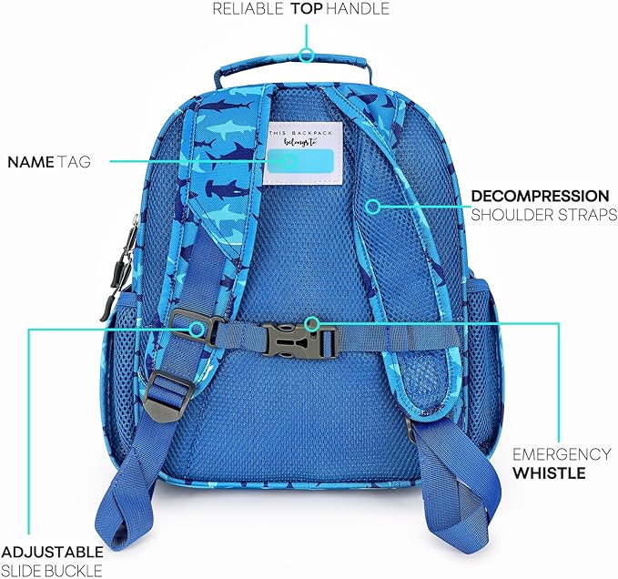 mibasies Toddler Backpack for Boys 2-4: Preschool Kindergarten Backpack - Cute Kids Backpacks for Boys - Shark Blue