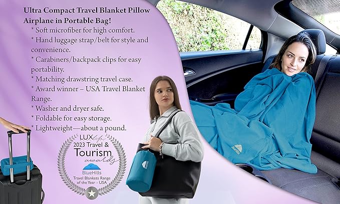 BlueHills Ultra Compact and Compact Light Travel Blankets for Two Value Pack Set of 2 – Airplane Travel Essentials Soft Flight Trips Throw in Portable Cases for Car Plane Travel Gifts – Teal Blue