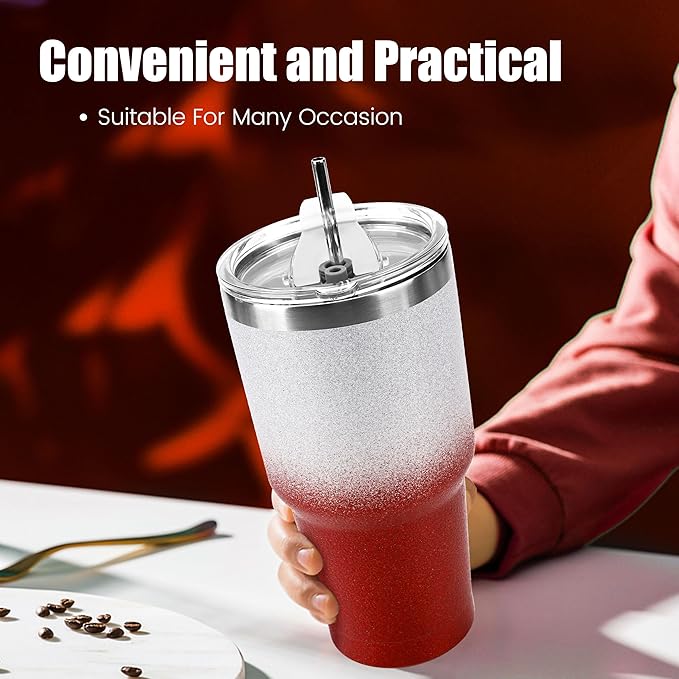 D·S 30 oz Tumbler Christmas Red Glitter Gradient Cup Stainless Steel Double Wall Vacuum Insulated Mug with Straw and Lid, Cleaning Brush for Cold and Hot Beverages