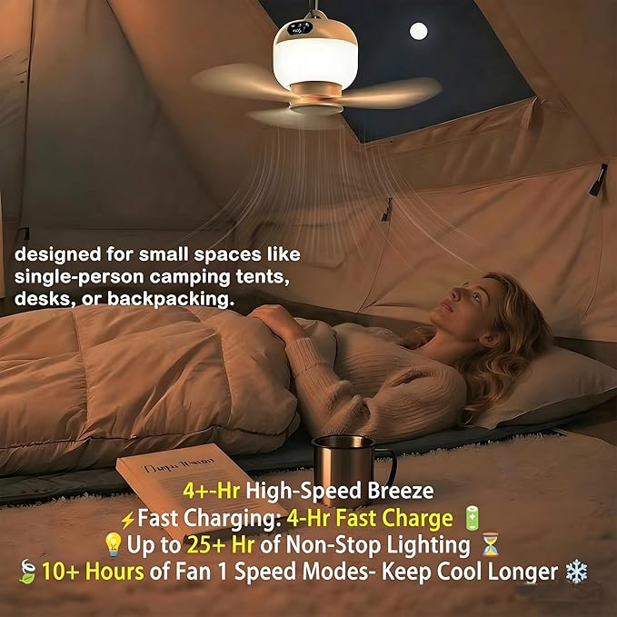 Camping Fan with Light & Remote, Portable Ceiling Fan for Tents, Canopy, Beach, RV, Car, Camper & Outdoor, Wireless Rechargeable Hanging Pop up Tent Fan - 3 Speed Breeze & Timer, 10.63 Inch