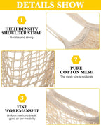 Woanger 24 Pcs Reusable Cotton Mesh Produce Shopping Bags Long Handle Washable Grocery Net Portable Fruit and Vegetable Cotton String Bags Beige Net Tote Organizer