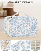 Relavel Travel Makeup Bag, Small Floral Cosmetic Bag with Makeup Brush Compartment, Portable Makeup Pouch for Women, Double Layer Makeup Organizer Bag Cute Toiletry Bag