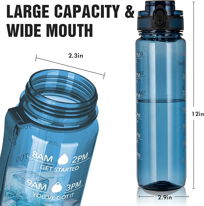 OLDLEY Water Bottle 32oz, Durable and Leakproof Water Bottles Motivational with Time Marker, Tritan, BPA Free, Gym,Travel,Home, School, Office, Gifts for Her, Women Men,Midnight Blue (1 Bottle)