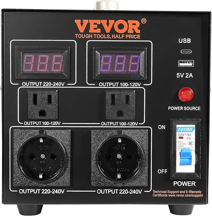 VEVOR Voltage Converter Transformer, 2000W, Heavy Duty Step Up/Down Transformer, Convert from 110 Volt to 220 Volt and from 220 Volt to 110 Volt, with US Outlet EU Outlet 5V USB Port, CE Certified