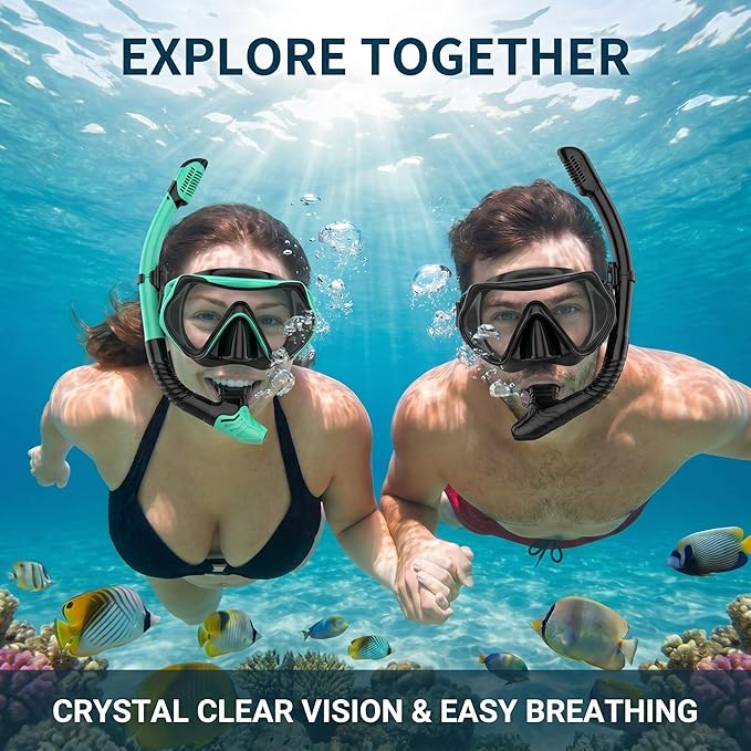 Snorkeling Gear for Adults, JRing Snorkel Mask Set with 180 Degree Tempered Glass Anti Fog Goggles Scuba Dry Top Snorkel for Swimming, Scuba Diving Mask for Men Women