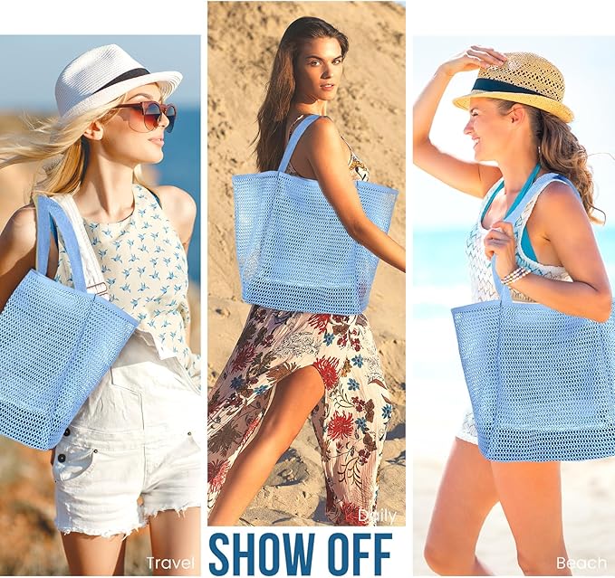 HOHOM Beach Bags for Women, Summer Travel Mesh Tote Bag with Large Inner Pocket, Sandproof Woven Shoulder Handbag