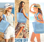 HOHOM Beach Bags for Women, Summer Travel Mesh Tote Bag with Large Inner Pocket, Sandproof Woven Shoulder Handbag