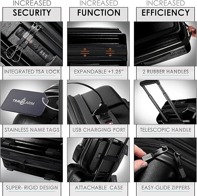 TRAVELARIM Black Hardshell Luggage Sets 4 Piece, Durable Suitcase Set, Travel Luggage Set with Integrated TSA Lock, 360° Spinner Wheels, Expandable Medium and Large Checked Suitcase, 20/24/28 Inch