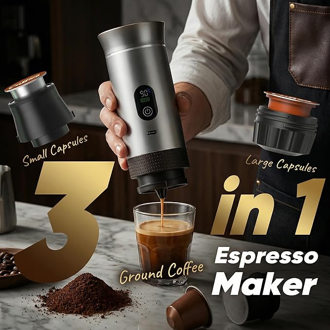 Portable Espresso Coffee Maker, Battery Operated Rechargeable Travel Espresso Machine, Self Heating Mini Coffee Maker for Camping & Car, Works with Ground Coffee and Small/Large Capsules, 80ml Cup