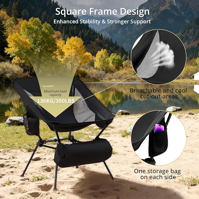 Anbte Extra Height & Width Portable Camping Chair, 400LBS Capacity Compact Folding Chair with Square Frame Quick Setup Storage Bags on Both Sides, Ideal for Camping Hiking Beach Picnic Outdoor, Black