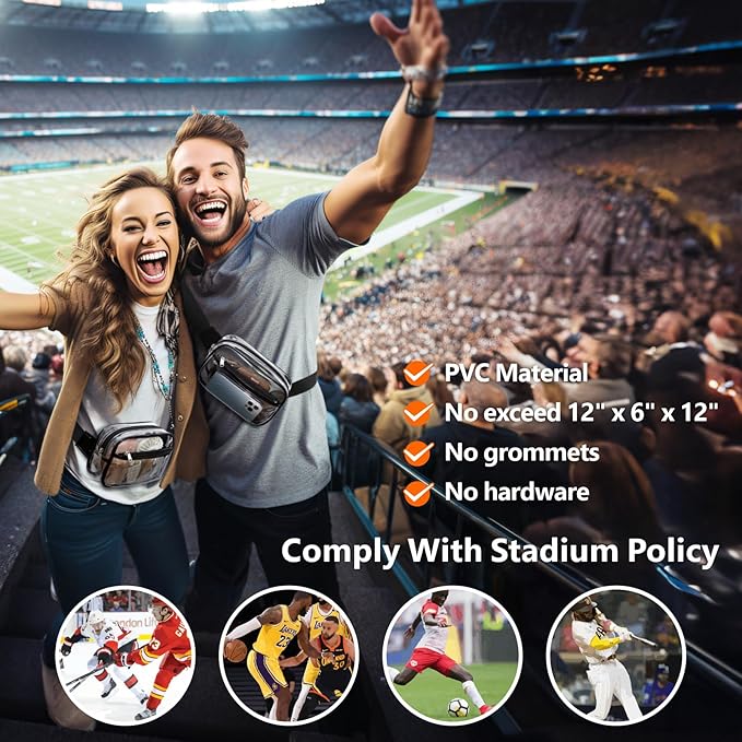 Packism Clear Fanny Pack Stadium Approved - 2-Pack Plus Size 35-51 inches Adjustable Strap Clear Belt Bag for Women Men Transparent Waist Bag for Concerts, Sporting Events, Black