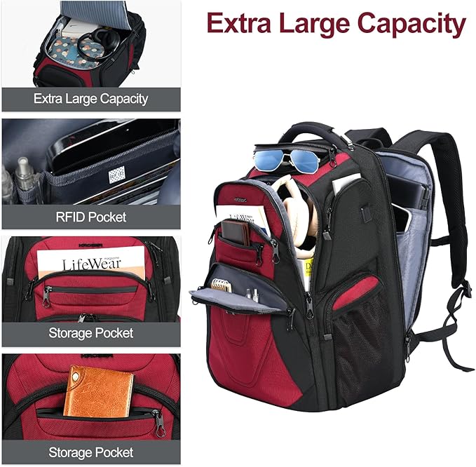 KROSER TSA Friendly Travel Laptop Backpack 18.4 inch XXXL Gaming Backpack Water-Repellent College Daypack Business Backpack with RFID Pockets & USB Port for Men/Women-Black/Red