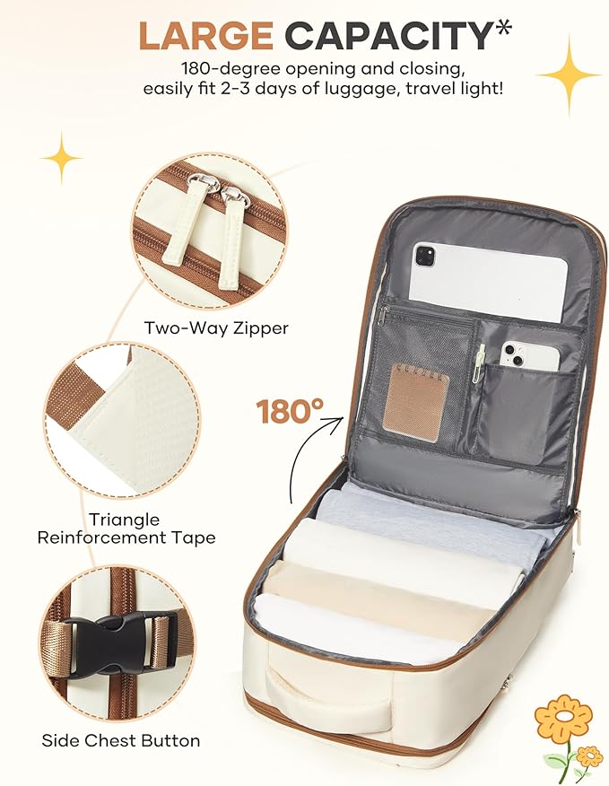 coofay Large Travel Backpack Carry on Flight Approved Mochila De Viaje Personal Item Travel Bag Backpacks for Men Women Carry on Backpack for Airplanes 18x14x8 Inches Travel Bag Beige with Brown