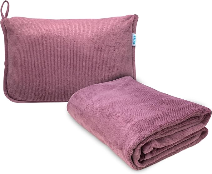 Bliss Faille Travel Pillow Blanket - 2-in-1 Lightweight Compact Airplane Camp Pillow and Blanket Set for Travelling, Size One Size, Mauve