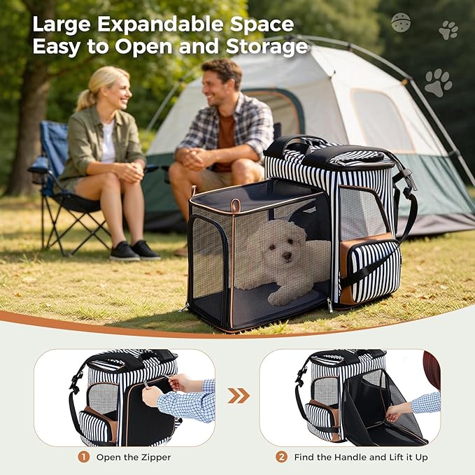 Lekereise Large Cat Backpack Expandable Pet Backpack Carrier for Small Medium Dogs Cats, Dog Carrier Backpack with Breathable Mesh and Inner Safety Leash, Striped