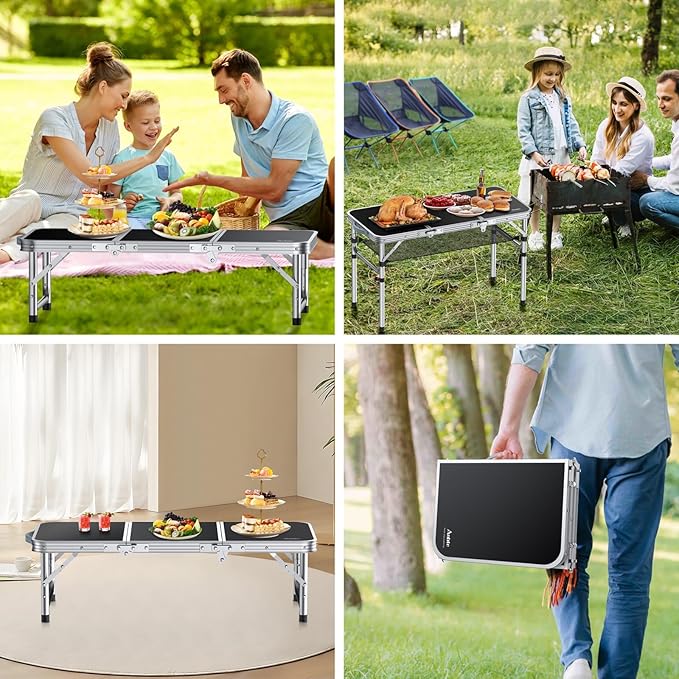 Anbte Folding Camping Table with Storage Net, 3ft Camping Table Aluminum Folding Table with 3 Adjustable Height Max 27.1 Inch Picnic Table Portable Table for Outdoor Backyard BBQ, Black