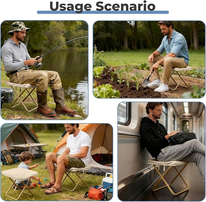 Portable Folding Camping Stool - 1.4Lbs Ultra Lightweight, 220Lbs Heavy Duty, Reinforced Steel Frame, Quick Deploy for Hiking Fishing Camping & Outdoor Events (Beige)