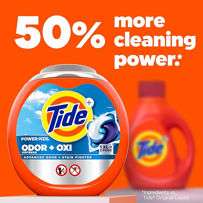 Tide Odor Defense + Oxi Laundry Detergent Pacs, Original Scent, 18 Count, Advanced Odor + Stain Fighter, laudry soap washing detergent pacs