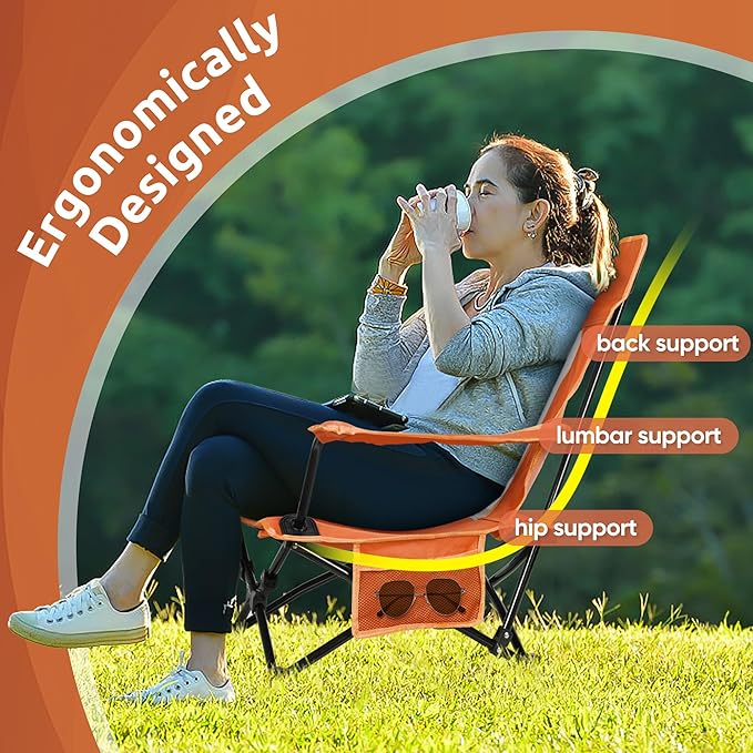 HaSteeL Folding Beach Chair Set of 2, Foldable Orange Camping Chairs for Outside, Low Beach Chair Portable for Adults Fishing, Picnic, Outdoor BBQ, Travel, Sports, Cup Holder & Storage Bag