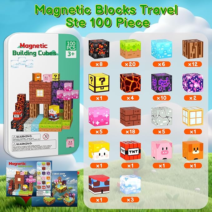 Magnetic Blocks Travel Magnetic Building Blocks Cubes - 100 PCS Tin Box Magnet Toys Set STEM Educational Stacking for Kids Ages 3 4 5 6 7 8 9 10 11 12 Year Old Boys Girls Birthday Christmas