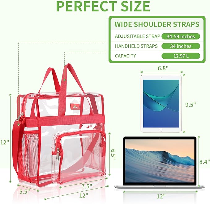 MAY TREE Clear Bag for Stadium Events 12×6×12 Clear Tote Lunch Bag with Reinforced Straps for Work, Sporting Events and Gym, Red