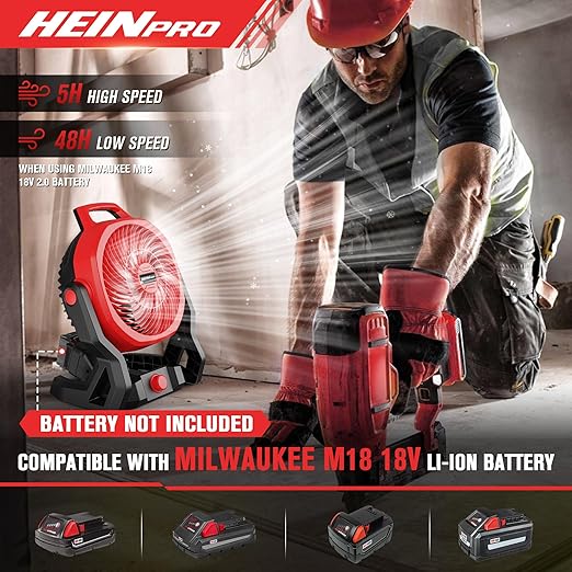 HEINPRO Battery Powered Fan Compatible with Milwaukee M18 18V Battery with AC Adapter (No Battery) Up to 650CFM, Variable Speed, Low Noise 30dB, Portable Cordless Fan for Camping, Jobsite