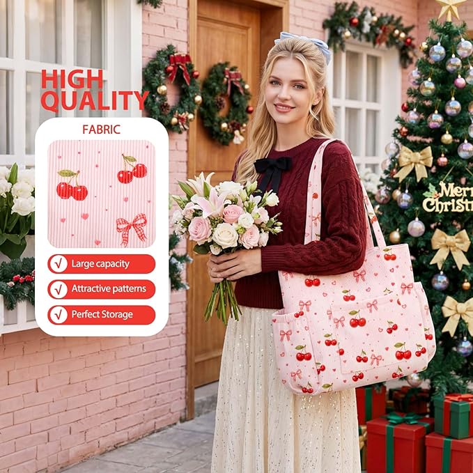 Corduroy Tote Bag for Women,Large Capacity Cute Tote Bags With 6 Pockets,Crossbody Shoulder Handbag for Work Travel Gym
