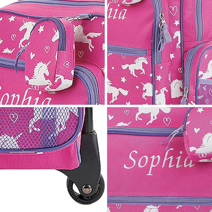 Lillian Vernon Personalized Unicorn Kids Suitcases for Girls, 5-Pocket Rolling Luggage Set, Customizable Travel Carrier on Wheels