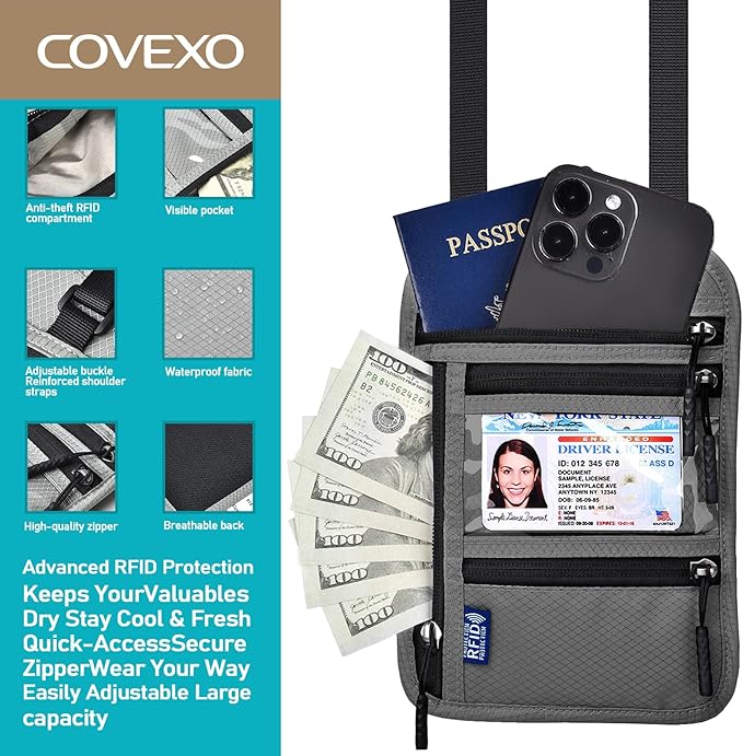 Neck Wallet for Travel, RFID Blocking Passport Holder - Slim Travel Pouch with Adjustable Strap | Holds Phone, Cards, Cash, Documents | Water-Resistant & Secure for Men & Women