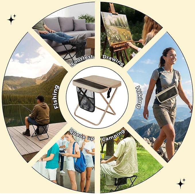 12" Portable Collapsible Stool - Folding Chair with Storage Pouch, Convertible Satchel for Hands-Free Carry & Supports 265Lbs, Ultralight for Hiking, Fishing, Camping, Festivals (Khaki, Standard)