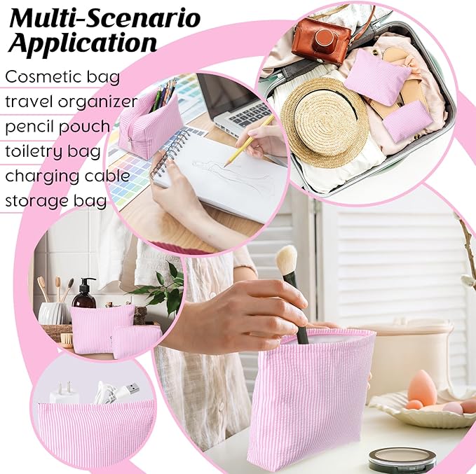 Huhumy 2 Pcs Makeup Bag Set Cute Cosmetic Pouch for Women Seersucker Travel Toiletry Bag Preppy Small Makeup Purse Pouch Aesthetic Skincare Brushes Storage Organizer for Valentine Women(Pink)